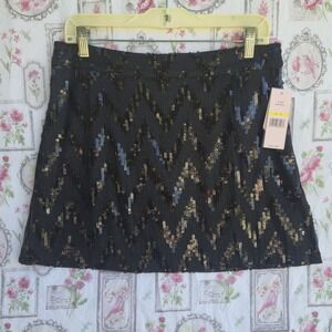 Nanette Lepore Black Gold Sequin Zig Zag Chevron Mini Skirt Women's Medium Party